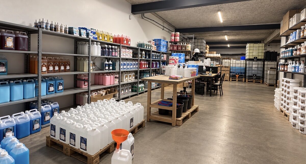 Entrepôt du Bidon Malin : étagères de produits d’entretien, palettes de bidons de 5 litres et cuves de 1000 litres