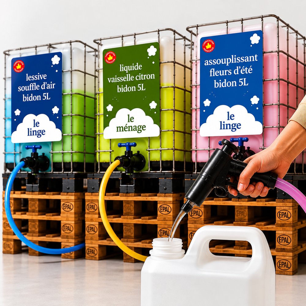 Cuves de lessive, liquide vaisselle et assouplissant en vrac, avec remplissage d’un bidon réutilisable