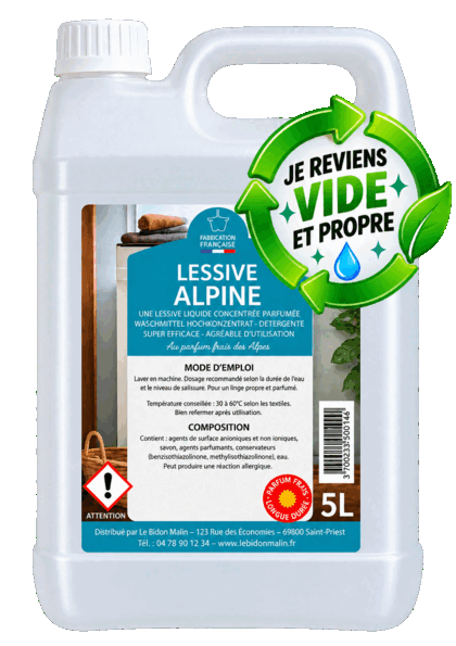 Bidon de 5 litres rapporté, macaron « Je reviens vide et propre », prêt pour un nouveau remplissage